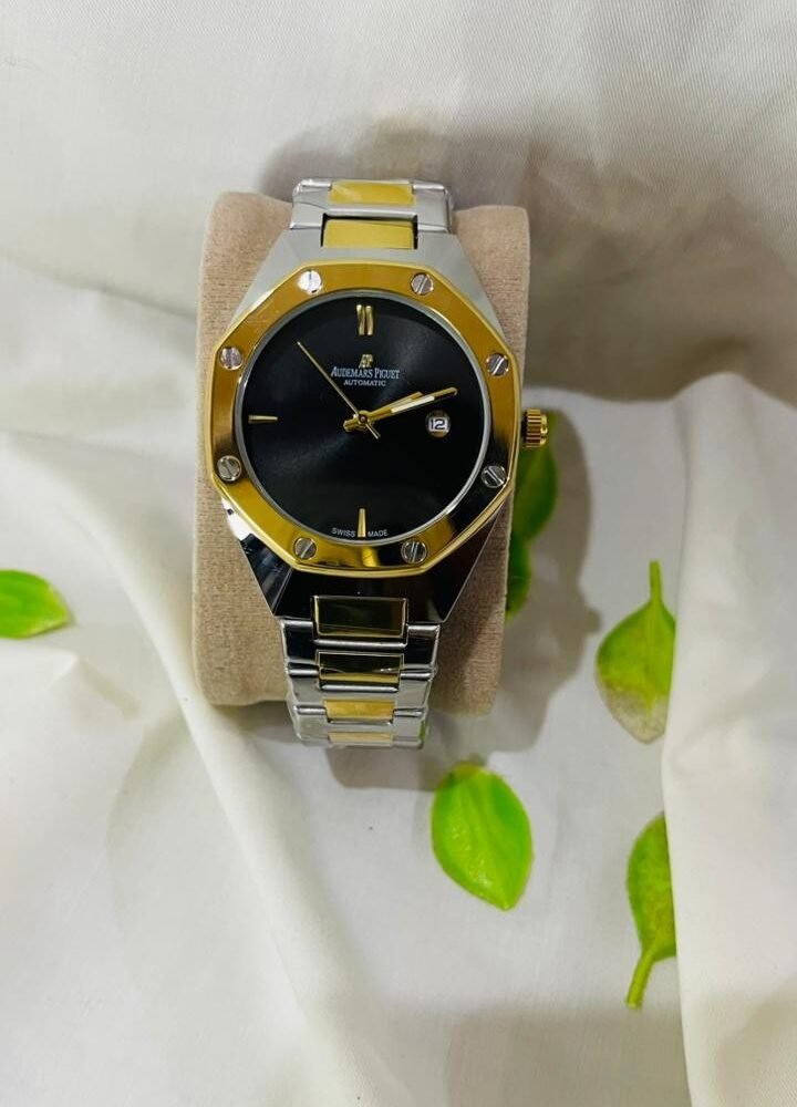 Audemars Piguet Royal Oak Black Dial Two-Tone (Silver and Gold) Chain Watch