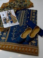 Khaadi Inspired Unstitched Embroidered Lawn Suit with Printed Dupatta & Khussa Shoes