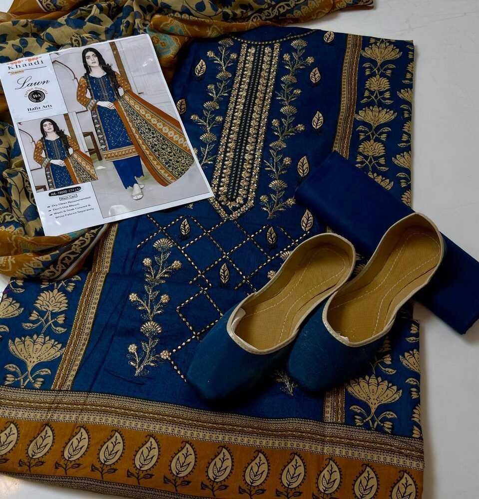 Khaadi Inspired Unstitched Embroidered Lawn Suit with Printed Dupatta & Khussa Shoes