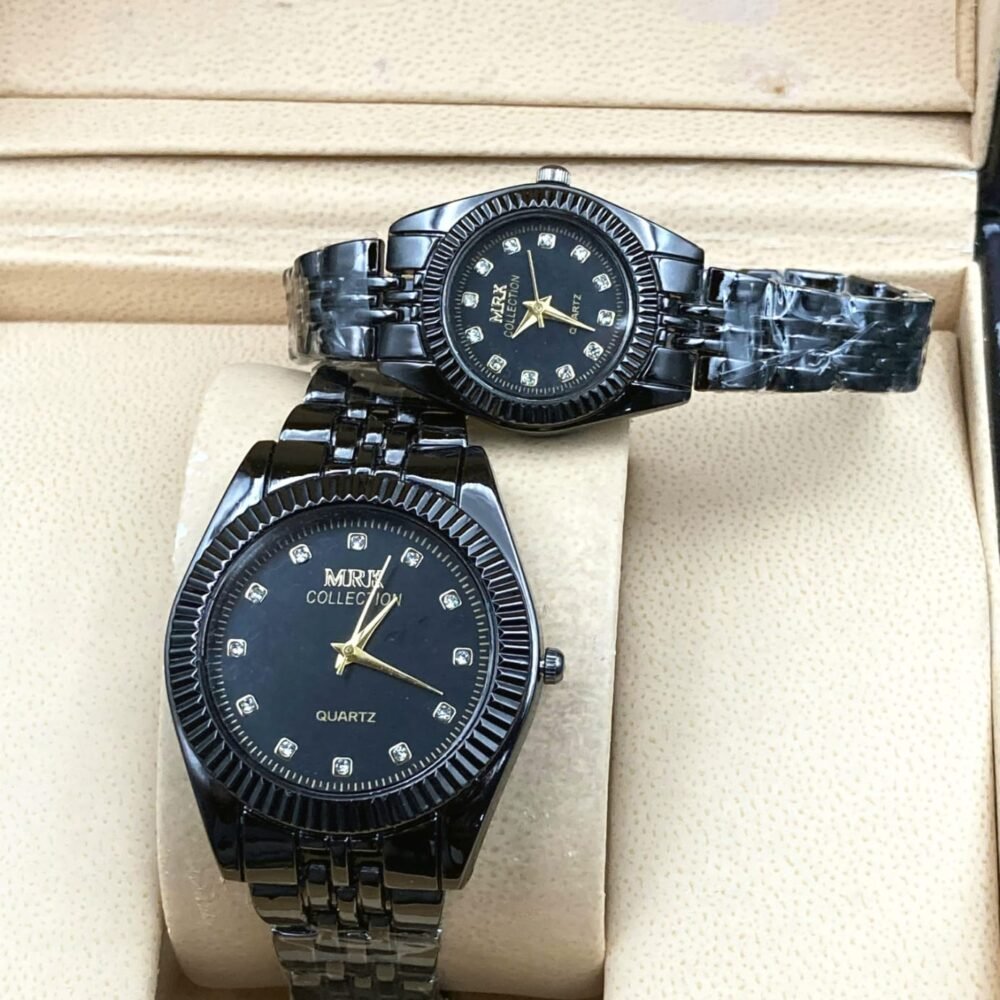 MRK Collection Elegant Black Couple Watches with Stone-Studded Dial