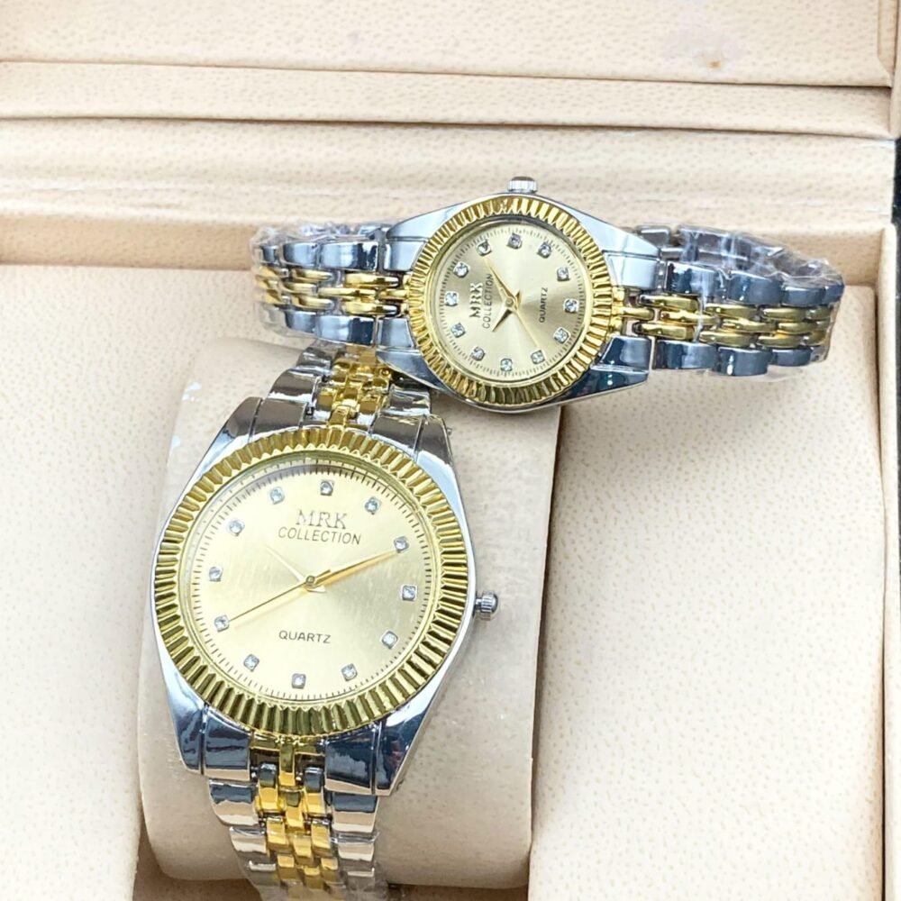 Rado Centrix Style Couple Watches | Gold & Silver Stainless Steel Chain | Golden Dial Analog Wristwatches for Him & Her