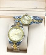 Rado Centrix Style Couple Watches | Gold & Silver Stainless Steel Chain | Golden Dial Analog Wristwatches for Him & Her