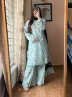 Elegant Floral Printed Lawn 3-Piece Suit | Women's Stitched Kurti Plazo & Dupatta Set | Pakistani Ethnic Wear