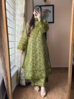 Elegant Green Printed Lawn Suit for Women | Pakistani 3-Piece Dress with Dupatta & Trousers | Casual & Formal Wear